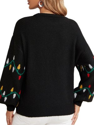 Patchwork Christmas Tree Print Black Round Neck Sweater