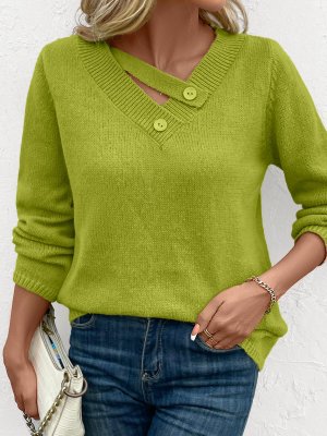 Avocado Green Asymmetrical Neck Long Sleeve Sweater