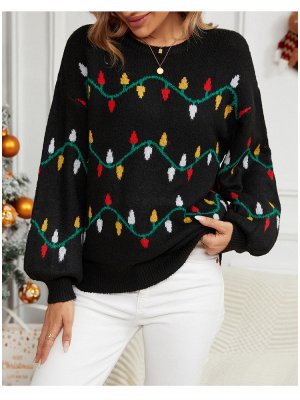 Patchwork Christmas Tree Print Black Round Neck Sweater