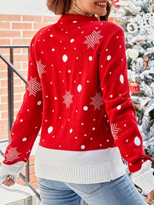 Patchwork Elk Print Red Round Neck Long Sleeve Sweater