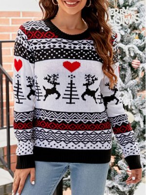 Patchwork Elk Print White Round Neck Long Sleeve Sweater