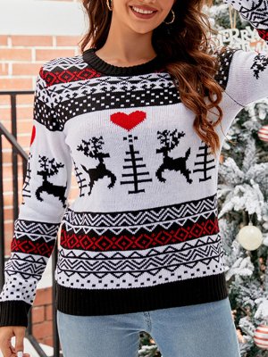 Patchwork Elk Print White Round Neck Long Sleeve Sweater