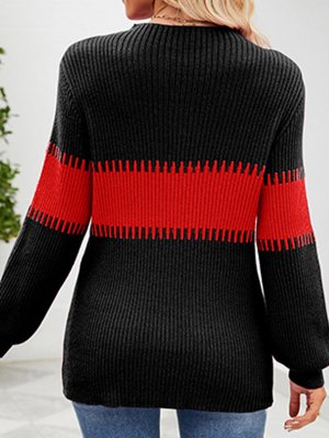 Patchwork Black Stand Collar Long Sleeve Sweater