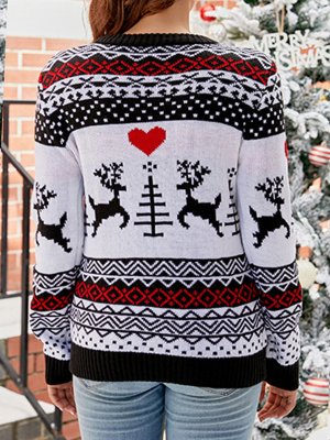 Patchwork Elk Print White Round Neck Long Sleeve Sweater