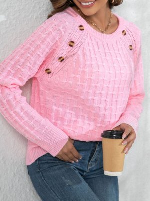 Button Pink Round Neck Long Sleeve Sweater