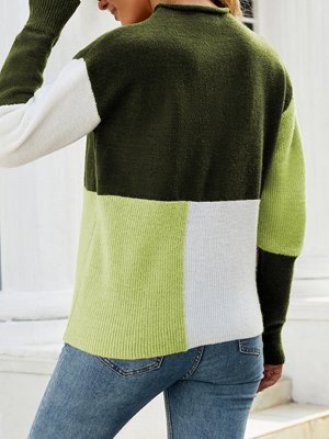 Patchwork Geometric Print Olive Green Round Neck Sweater