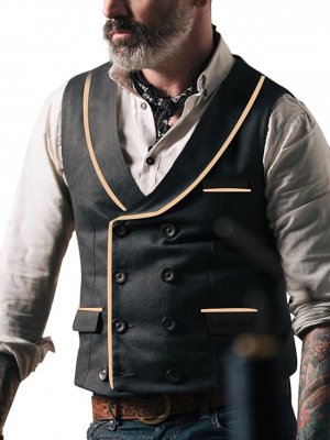 Men's Vest Gilet Wedding Business Daily Business Casual Spring Fall Pocket Polyester Breathable Plain Double Breasted Turndown Regular Fit Black Vest