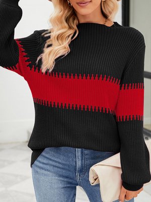 Patchwork Black Stand Collar Long Sleeve Sweater