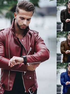 Men's Jacket Faux Leather Jacket Biker Jacket Motorcycle Jacket Business Daily Thermal Warm Windproof Pocket Fall Solid Color Streetwear Business Turndown Short Faux Leather Regular Fit Black Wine