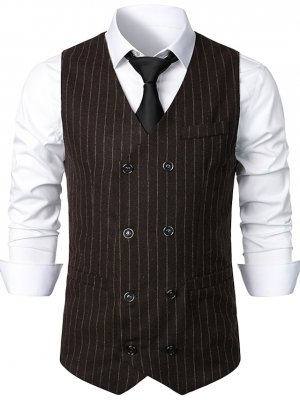 Men's Vest Waistcoat Casual Daily Weekend Vintage Style Spring Fall & Winter Double Breasted Polyester Stripes Double Breasted Cardigan V Neck Regular Fit Black Light Grey Coffee Vest