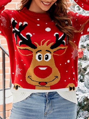 Patchwork Elk Print Red Round Neck Long Sleeve Sweater