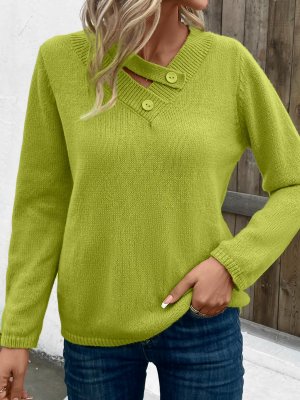 Avocado Green Asymmetrical Neck Long Sleeve Sweater