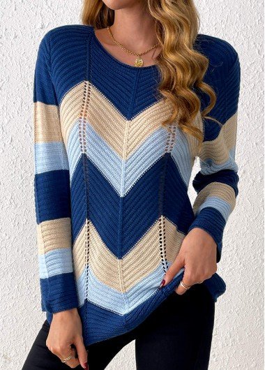 Hole Geometric Print Round Neck Long Sleeve Sweater