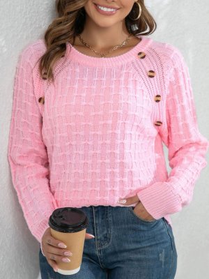 Button Pink Round Neck Long Sleeve Sweater