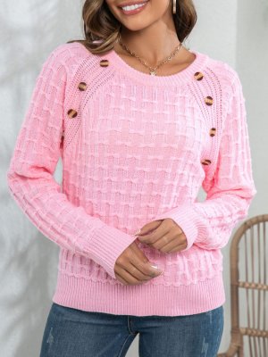 Button Pink Round Neck Long Sleeve Sweater