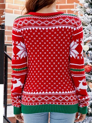 Christmas Letter Print Red Round Neck Long Sleeve Sweater