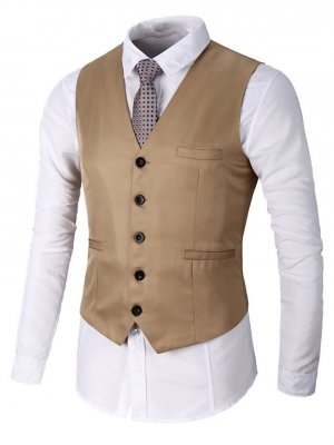 Men's Vest Waistcoat Wedding Office & Career Bar events Stylish Business Spring Fall Button Pocket 95% Cotton Breathable Soft Comfortable Plain Single Breasted V Neck Regular Fit milk white Black Red