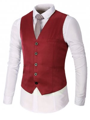 Men's Vest Waistcoat Wedding Office & Career Bar events Stylish Business Spring Fall Button Pocket 95% Cotton Breathable Soft Comfortable Plain Single Breasted V Neck Regular Fit milk white Black Red