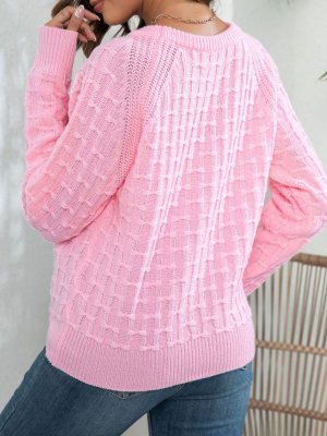 Button Pink Round Neck Long Sleeve Sweater