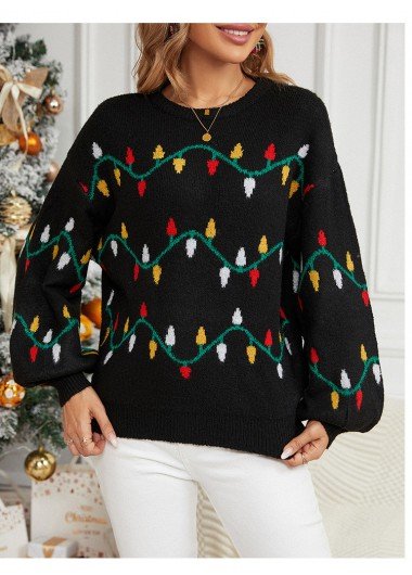 Patchwork Christmas Tree Print Black Round Neck Sweater