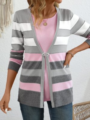 Fake 2in1 Striped Grey Round Neck Long Sleeve Sweater