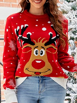 Patchwork Elk Print Red Round Neck Long Sleeve Sweater