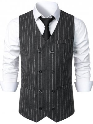 Men's Vest Waistcoat Casual Daily Weekend Vintage Style Spring Fall & Winter Double Breasted Polyester Stripes Double Breasted Cardigan V Neck Regular Fit Black Light Grey Coffee Vest