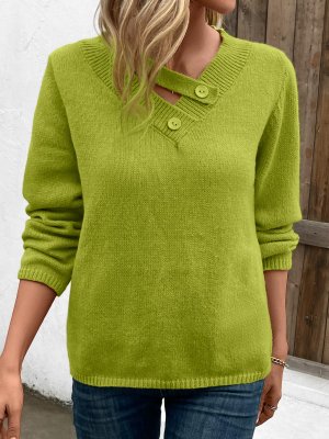 Avocado Green Asymmetrical Neck Long Sleeve Sweater