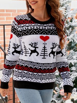 Patchwork Elk Print White Round Neck Long Sleeve Sweater