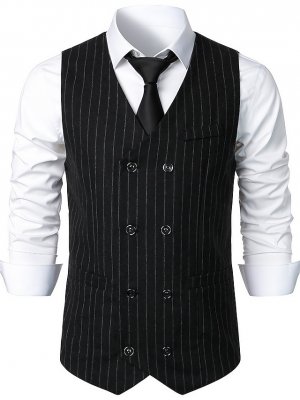 Men's Vest Waistcoat Casual Daily Weekend Vintage Style Spring Fall & Winter Double Breasted Polyester Stripes Double Breasted Cardigan V Neck Regular Fit Black Light Grey Coffee Vest